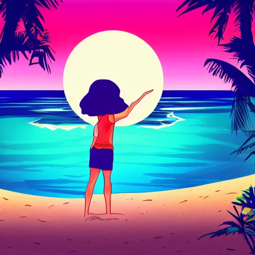 Prompt: a beautiful girl open a portal to the beach, cartoon style