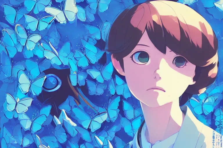 Prompt: blue butterflies with anxious piercing eyes and vintage illustration pattern background rule of thirds golden ratio, fake detail, trending pixiv fanbox, acrylic palette knife, style of makoto shinkai studio ghibli genshin impact james gilleard greg rutkowski chiho aoshima