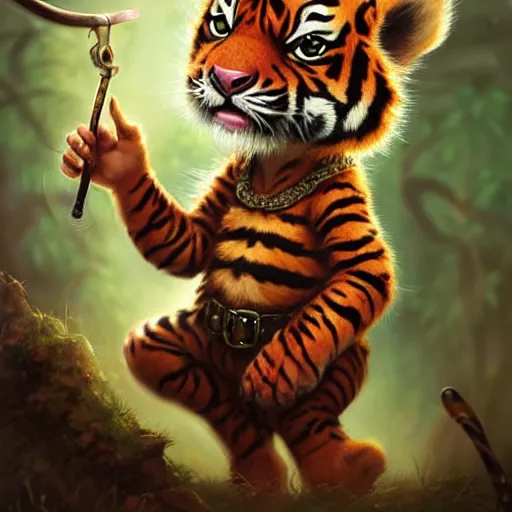 Prompt: cute little anthropomorphic tiger wearing safari outfit, ultra wide lens shot , tiny, small, short, cute and adorable, pretty, beautiful, DnD character art portrait, matte fantasy painting, DeviantArt Artstation, by Jason Felix by Steve Argyle by Tyler Jacobson by Peter Mohrbacher, cinematic lighting