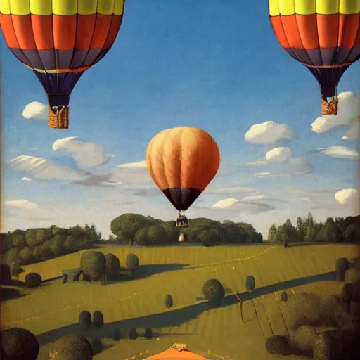 Prompt: an outdoor hot-air-balloon-museum-exhibit by Raphael, Hopper, and Rene Magritte. detailed, romantic, enchanting, trending on artstation.