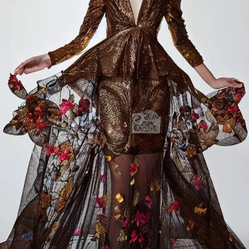 Image similar to exclusive evening dress made of bronze transparent fabric fantasy with colored flower petals made of fabric. intricate asymmetrical patterns. an elegant hat. hyperrealistic photos, clear details.