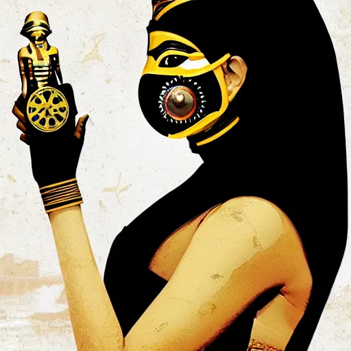 Prompt: a profile photo of egyptian woman with a diving mask with clockwork details :: side profile :: in ocean :: guns and bullets :: gold and petals pattern :: blood and horror :: by marvel and Sandra Chevrier