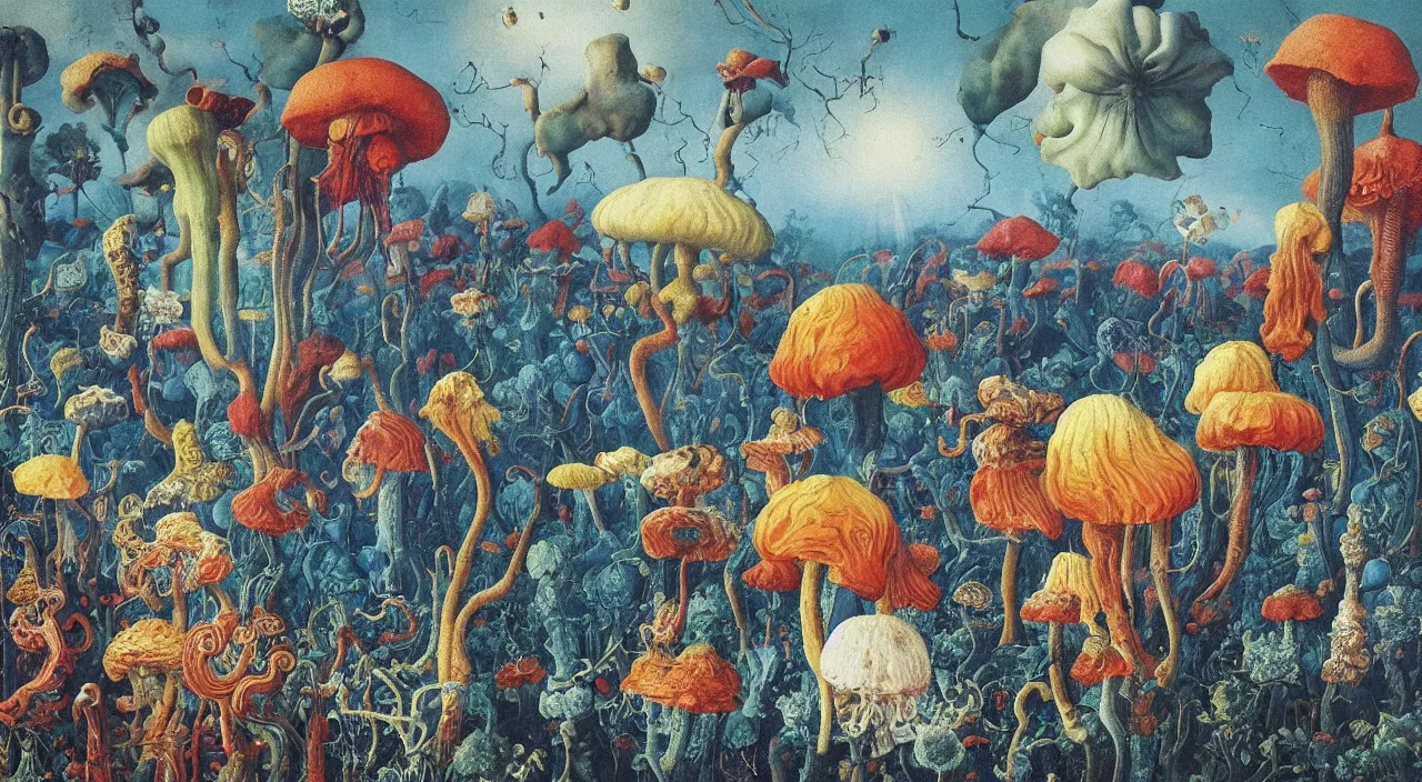 Image similar to a single colorful! ( lovecraftian ) fungus white! clear empty sky, a high contrast!! ultradetailed photorealistic painting by jan van eyck, audubon, rene magritte, agnes pelton, max ernst, walton ford, andreas achenbach, ernst haeckel, hard lighting, masterpiece