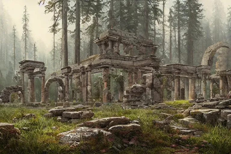 Image similar to beautiful ancient ruins in a swedish forest view, highly detailed, very realistic, intricate, soft lighting, very wide shot, digital painting by simon stålenhag