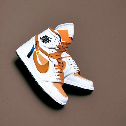 Image similar to a studio photoshoot of Air Jordan 1 sneakers designed by Virgil Abloh, leather and suede, Off-White, realistic, color film photography by Tlyer Mitchell, 35 mm, graflex