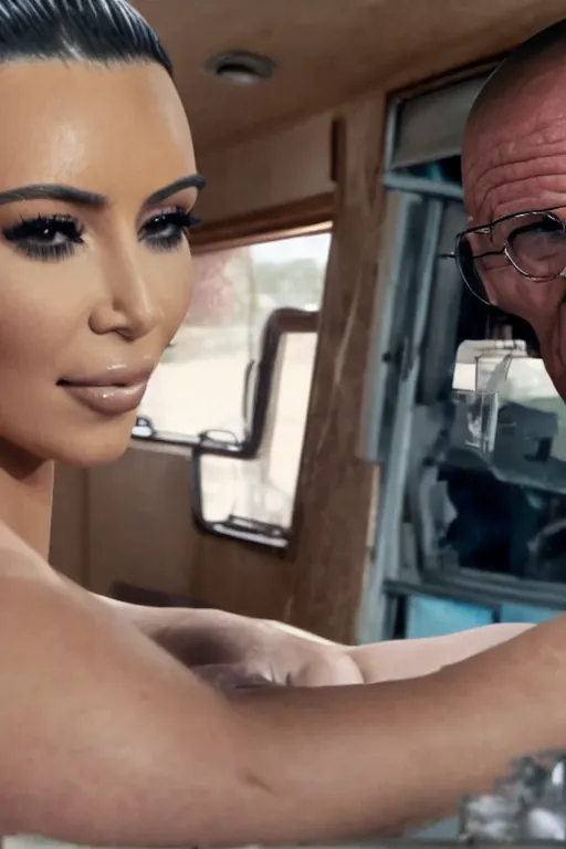 Image similar to film still of kim kardashian put in a headlock by walter white, inside an old rv on the tv show breaking bad, full-shot, 4k