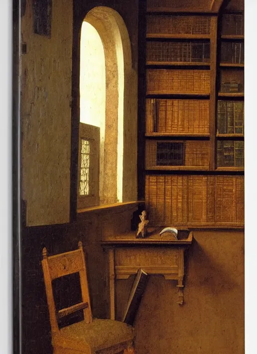 Image similar to bookshelf with books, medieval painting by jan van eyck, johannes vermeer, florence