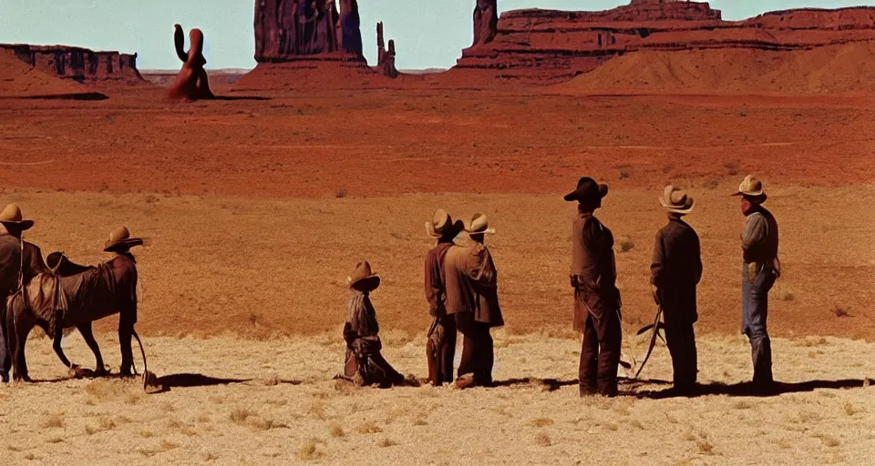 Image similar to film still showing cowboys looking at a gigantic Henry Moore sculpture in the desert directed by Sergio Leone, western, monument valley, cinemascope, technicolor