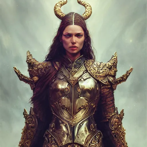 Image similar to portrait of a majestic fierce viking woman, highly detailed, gold plated armor, cinematic, 8 k, 1 0 8 0 s, by stanley artgermm, tom bagshaw, greg rutkowski, vincent di fate, carne griffiths, ayami kojima, trending on deviantart, hyper detailed, full of color, digital art,