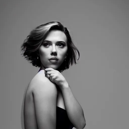 Image similar to beautiful portrait photo of Scarlett Johansson, 85mm, white studio backdrop. She is bending over to pick something important up. you cannot see her face in the image. full camera shot from rear angle.