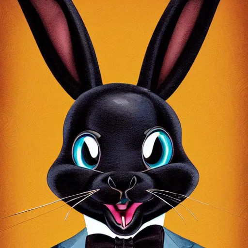 Image similar to A extremely highly detailed majestic hi-res beautiful, highly detailed head and shoulders portrait of a scary terrifying, horrifying, creepy black cartoon rabbit with a bowtie and scary big eyes, earing a shirt laughing, hey buddy, let's be friends, in the style of Walt Disney