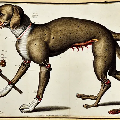 Image similar to anatomical diagram of a puppet dog, by maria sibylla merian