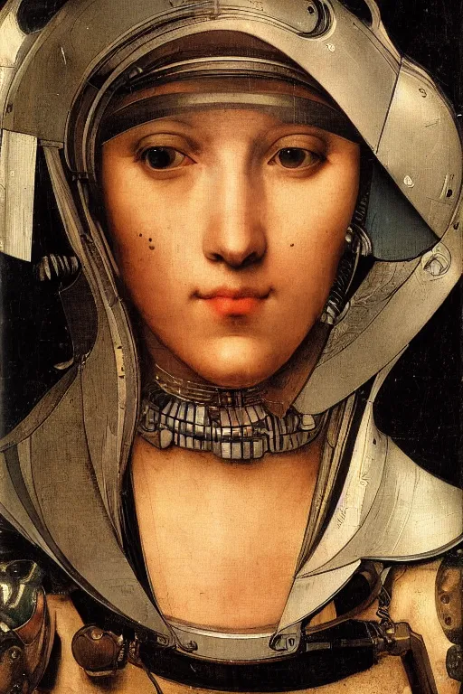 Image similar to a close - up portrait of a cyberpunk cyborg girl, by hans holbein the younger, rule of thirds