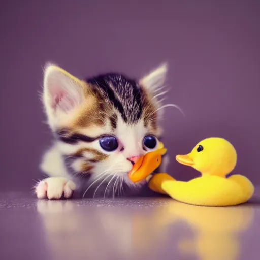 Image similar to 35mm macro shot a kitten licking a baby duck, studio lighting