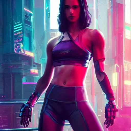 Image similar to an athletic humanoid girl, cyberpunk 2070, synthwave, highly detailed, full shot, digital painting, cgsociety, concept art, sharp focus, illustration, art by artgerm and greg rutkowski and alphonse mucha