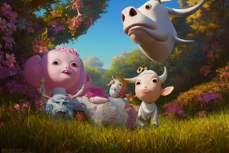 Prompt: Epic very beautiful high fantasy masterpiece painting titled 'Wherever you go, a cow is always watching you', by Mark Ryden and Pixar and Hayao Miyazaki, unreal 5, DAZ, hyperrealistic, octane render, dynamic lighting, intricate detail, summer vibrancy, cinematic