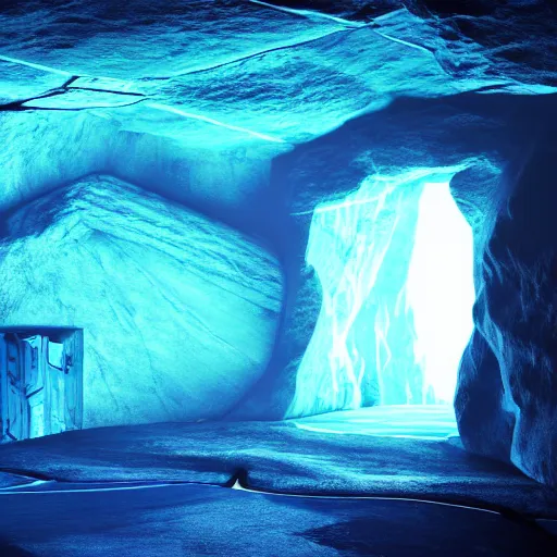 Prompt: a photograph from inside a sci fi cave looking outside, blue color scheme,