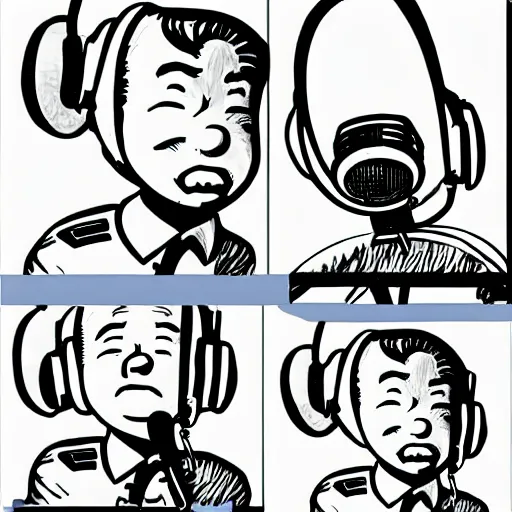 Image similar to tintin with headphones and big microphone on arm, in the style of moebius