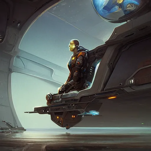 Prompt: floating pilot inside a spaceship bridge, fullbody, fantasy, intricate, elegant, highly detailed, digital painting, artstation, longspear, concept art, smooth, sharp focus, illustration, art by greg rutkowski and justin gerard