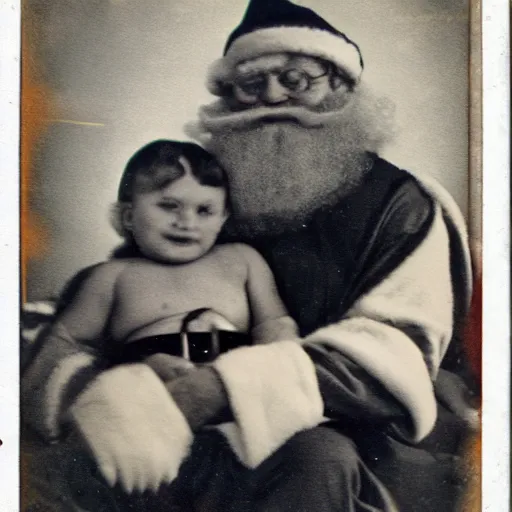 Prompt: santa claus with an evil looking demonic child on his lap, polaroid