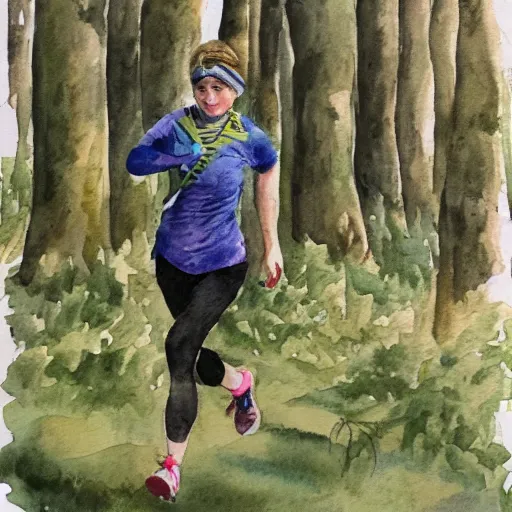 Prompt: a female orienteer runs in the forest, watercolor on canvas.