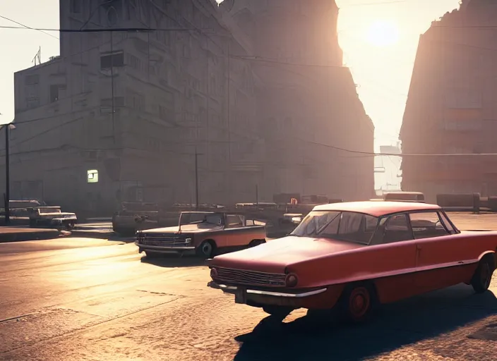 Image similar to hyperrealistic matte painting of gta action game in soviet moscow, 1 9 6 0, playstation 5 screenshot, mega details, golden hour, beautiful rtx reflections, soviet suburbs, photorealistic, unreal engine 5, octane render, volumetric light, featured on cg society, 4 k, 5 0 mm bokeh, russian lada car, artstation