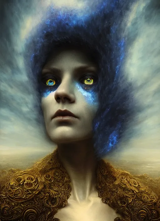 Image similar to Her huge ominous glowing blue eyes staring into my soul , perfect eyes, agostino arrivabene, WLOP, Tomasz strzalkowski, twisted dark lucid dream, 8k portrait render, raven angel wings, beautiful lighting, dark fantasy art, rococo, gold filigree, artstation