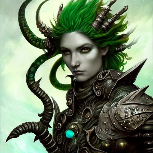 Prompt: a beautiful detailed 3d matte portrait of a triton with green hair, wearing studded leather armor, wielding a staff with a glowing red crystal, male, dungeons and dragons character, standing beside the ocean, by ellen jewett, by tomasz alen kopera, by Justin Gerard, ominous, magical realism, texture, intricate, skull, skeleton, whirling smoke, alchemist bottles, radiant colors, fantasy, volumetric lighting, high details