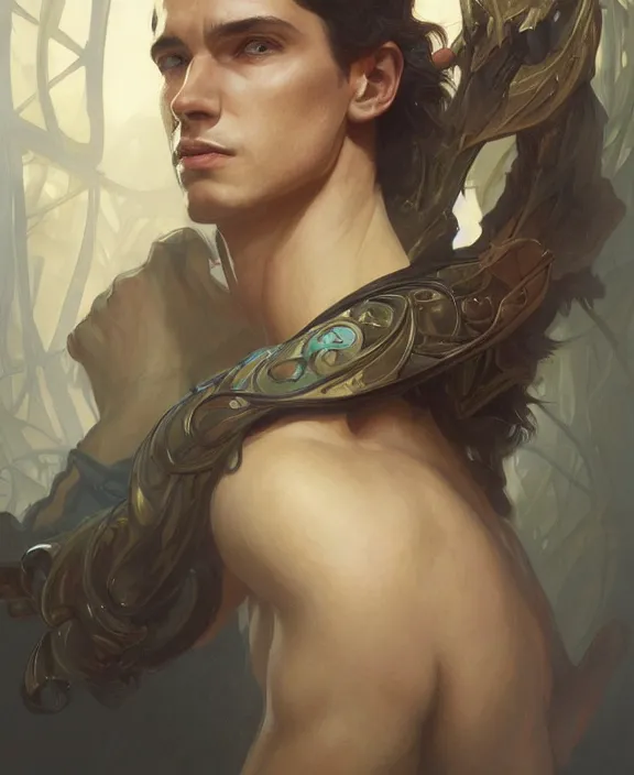 Image similar to portrait close up of young guy, concentrated look at the camera, symmetry, d & d, fantasy, intricate, elegant, highly detailed, digital painting, artstation, concept art, art by artgerm and greg rutkowski and alphonse mucha, boris vallejo