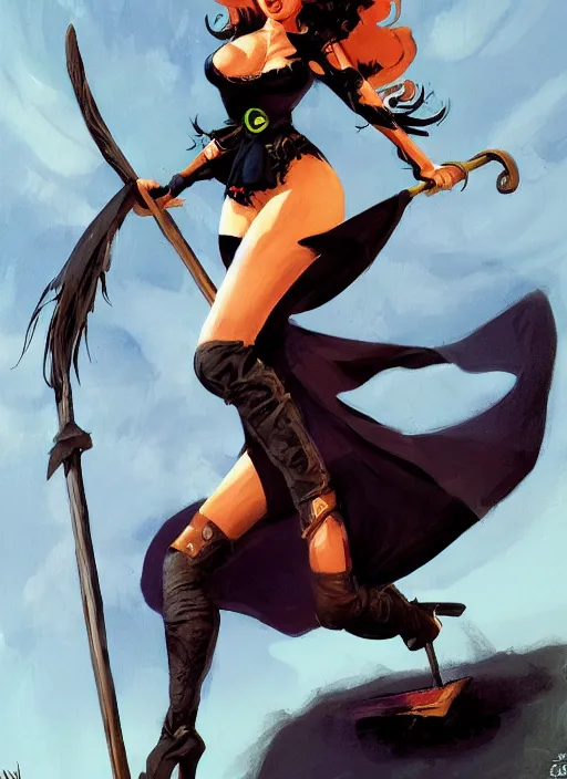 Image similar to pinup of a witch riding a broomstick, by Jeff Simpson and Simon Bisley