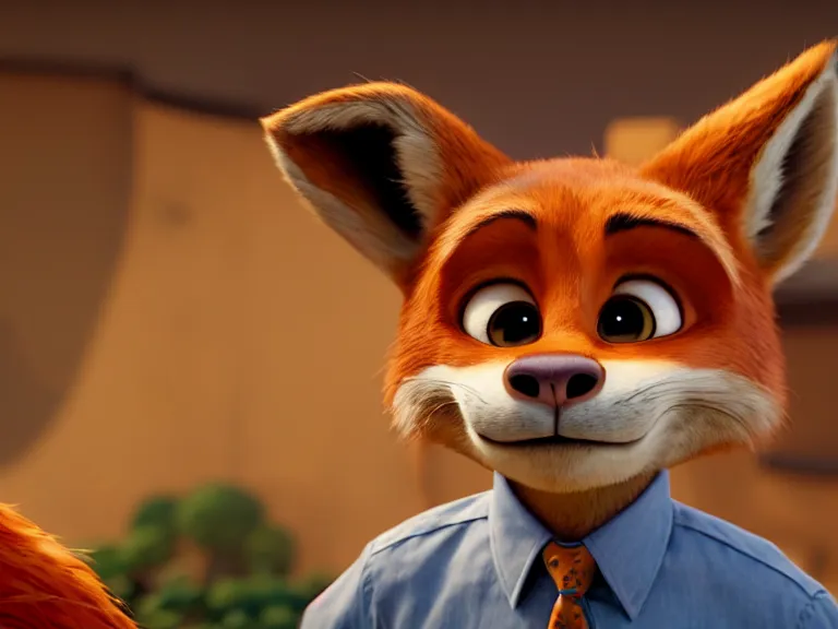 Image similar to a film still from zootopia main character portrait anthro anthropomorphic fox head animal person fursona nick wilde pixar and disney animation, sharp, rendered in unreal engine 5, anime key art by greg rutkowski, bloom, dramatic lighting