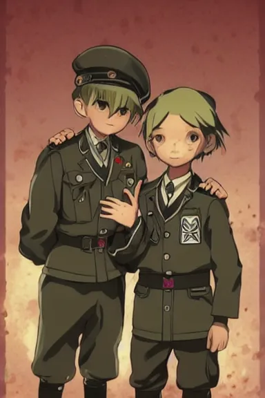 Prompt: beautiful little boy in nazi male uniform posing with an jew. made in abyss art style, sharps focus, cute detailed artwork, anatomically correct, ilya kuvshinov, reflection, perfect composition, wallpaper mobile, digital art, detailed anime soft face, symmetrical face, western comic, illustration, realistic, smooth, lois van baarle, soft details, illumination