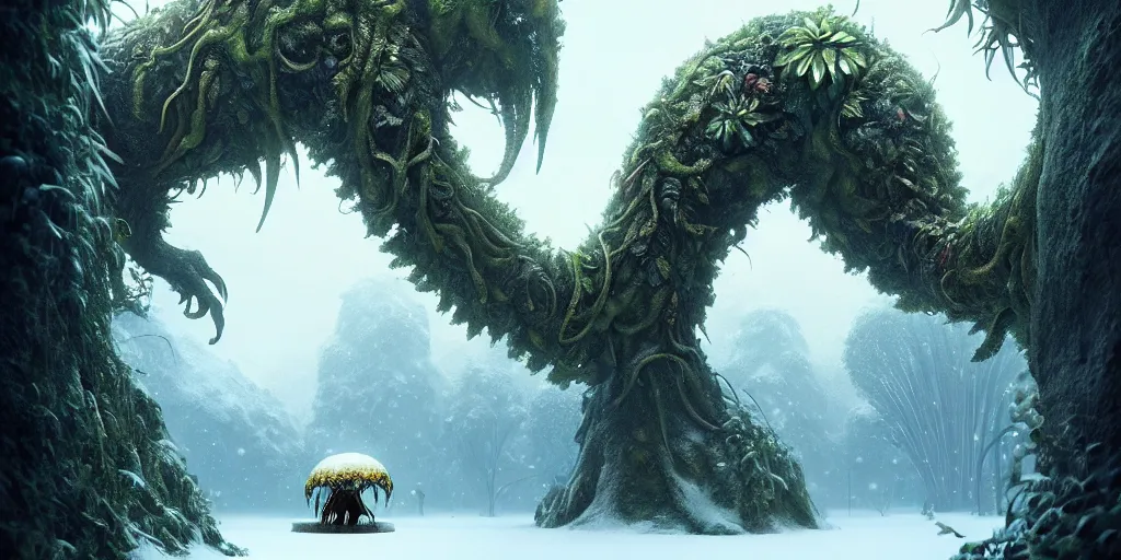 Image similar to a giant creature in a lush trunda vegetation, snow snow : : by michal karcz, daniel merriam, victo ngai and guillermo del toro : : ornate, dynamic, particulate, intricate, elegant, highly detailed, centered, artstation, smooth, sharp focus, octane render, 3 d