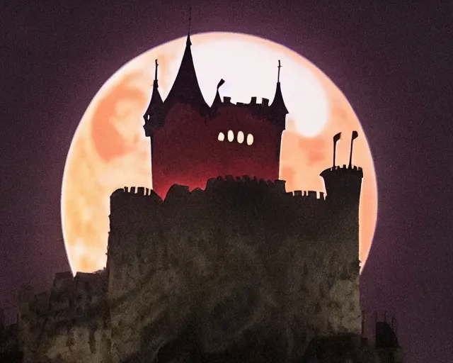 Image similar to dracula's castle rising up from the mist at night silhouetted by a single huge bloodmoon by dc comics and sandra chevrier