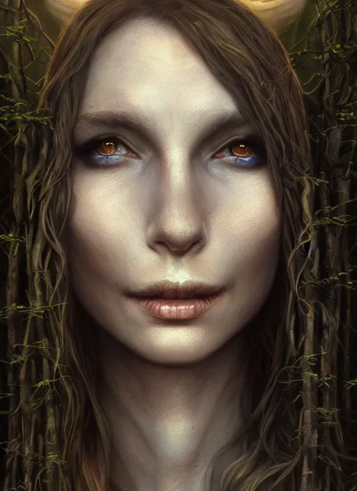 Prompt: close - up portrait of a beautiful skinny woman as witch in front of the full big moon in a fantasy forest,, by james gurney, brad kunkle, charlie bowater, highly detailed digital art, artstation