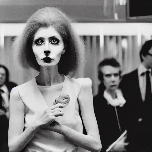 Prompt: Uptight tall, slender, pale, stringy red hair, big eyes, pancake makeup, bored English shipping heiress Folio Smythe at party for the Financial Times, 35mm photo, 1975