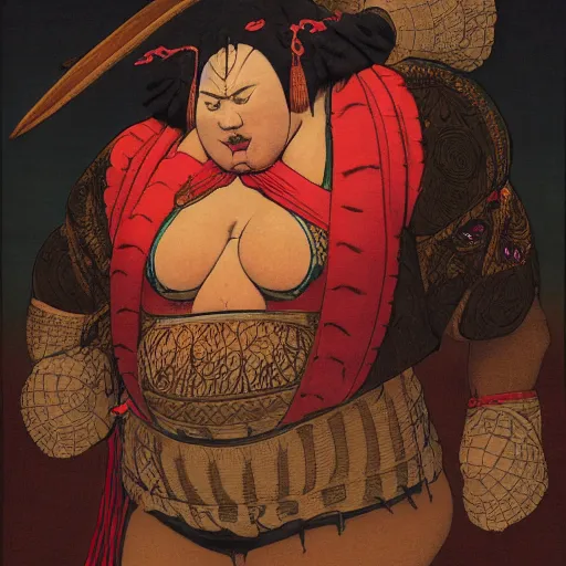 Prompt: character portrait of a plump rubenesque woman shugoki wearing samurai o - yoroi, mortal shell, scorn game, by h r geiger and beksinski, grim dark, rembrandt, ukiyo - e, cg society, tone mapping, global illumination,