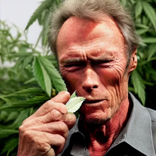 Image similar to Clint Eastwood sniffing a cannabis leaf