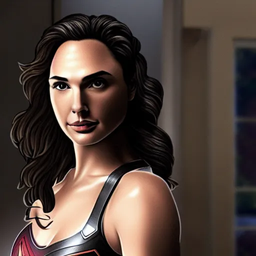 Image similar to an potrait of gal gadot play Man of Steel replacing Henry Cavill, photorealistic, high detail, view from middle, testing custom, 4k