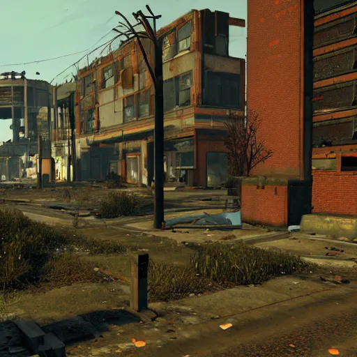 Prompt: Helmond in ruins post-nuclear war in Fallout 4, in game screenshot