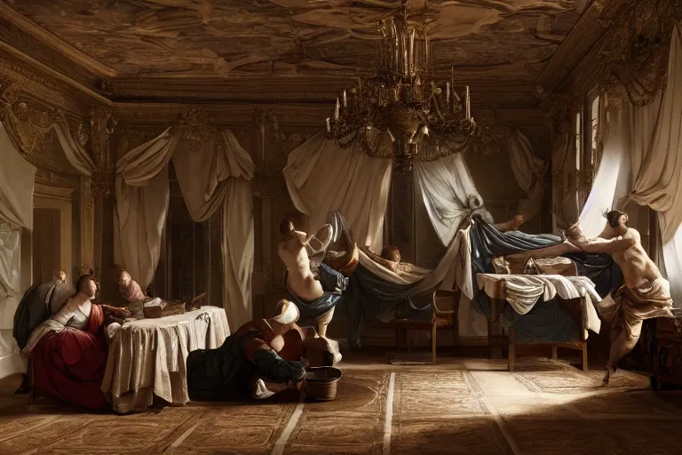 Prompt: a beautiful baroque painting of a man folding his laundry while standing in a huge bedroom, cinematic, octane render, oil on canvas, in the style of the great ceiling painting by Michelangelo and Caravaggio, Flickr, CryEngine