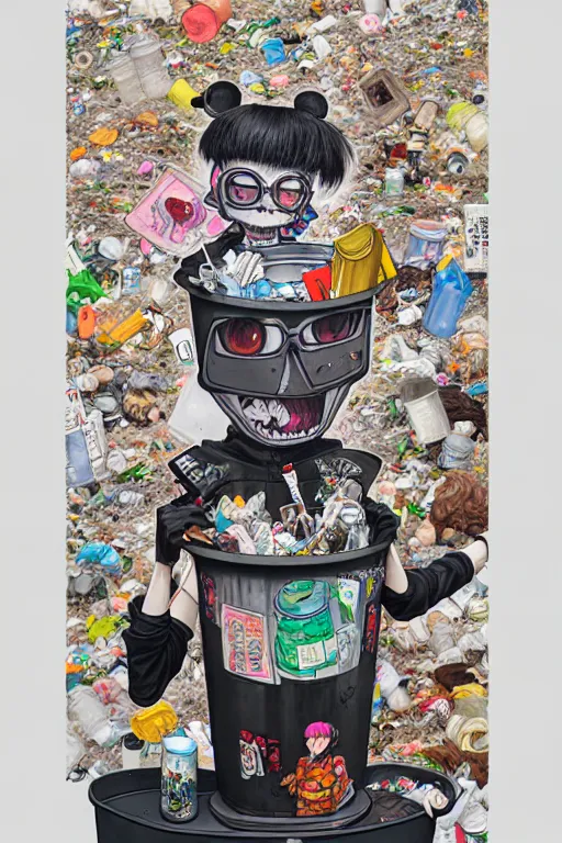 Image similar to full view, from a distance, of anthropomorphic trashcan from tokyo, full of trash, style of yoshii chie and hikari shimoda and martine johanna, highly detailed