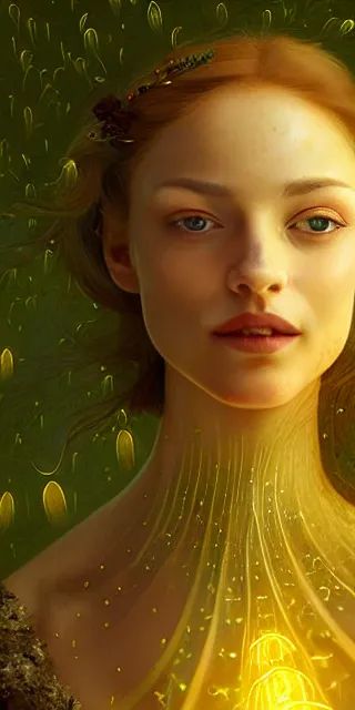 Image similar to young woman, serene smile, surrounded by golden firefly lights, full covering intricate detailed dress, amidst nature, long red hair, precise linework, accurate green eyes, small nose with freckles, beautiful smooth oval shape face, empathic, expressive emotions, dramatic lights, hyper realistic ultrafine art by artemisia gentileschi, jessica rossier, boris vallejo