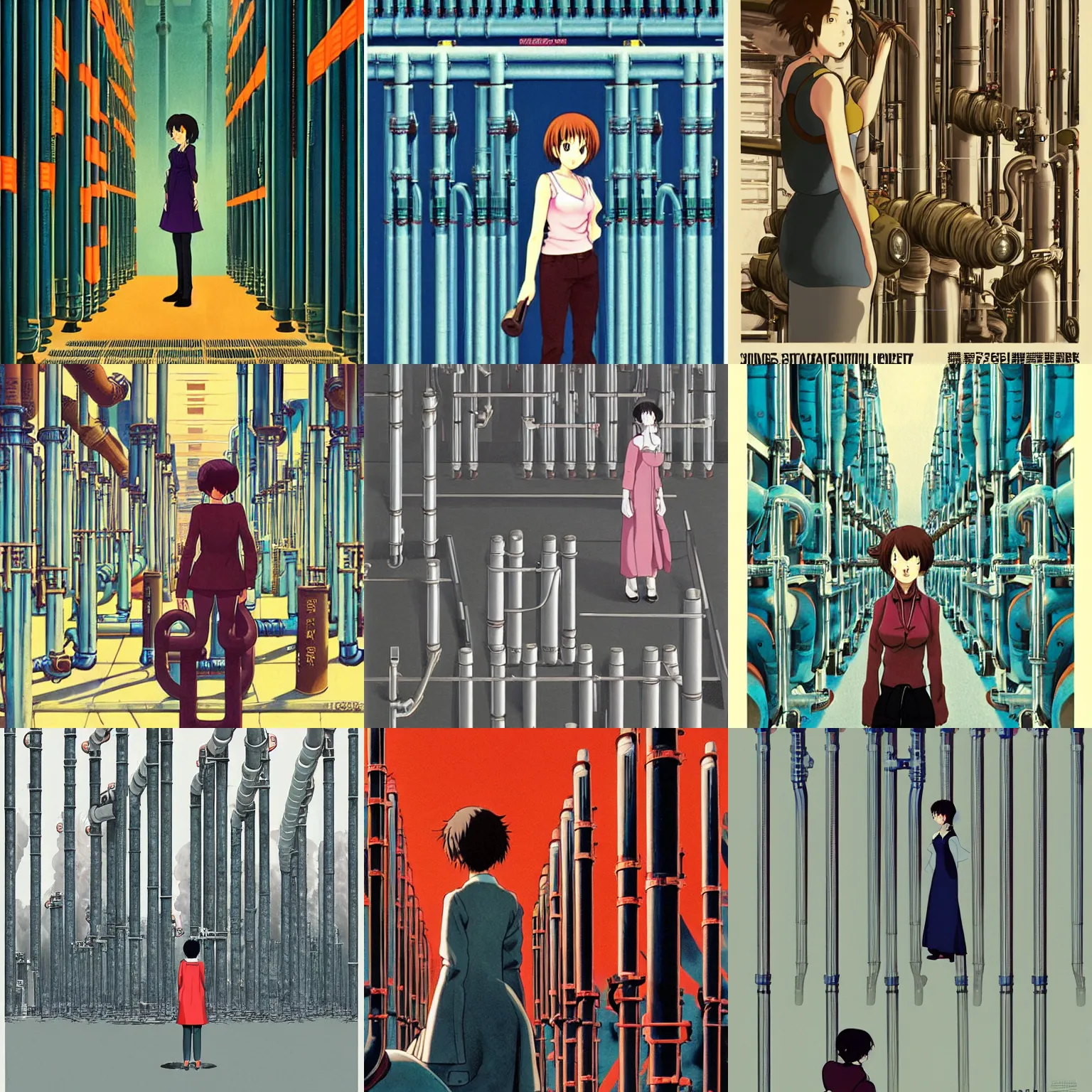 Prompt: a woman standing in front of a bunch of pipes, poster art by miyazaki, featured on pixiv, neo - figurative, official art, anime, movie poster