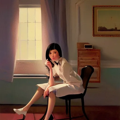 Image similar to oil painting by ilya kuvshinov, rhads, coby whitmore, of a youthful japanese beauty, long hair, sitting on antique chair leaning against a desk, victorian room