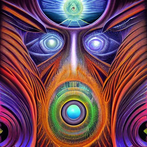 Image similar to black void surrounding visions of the future by alex grey, award - winning, digital painting, hyperdetailed, cosmic