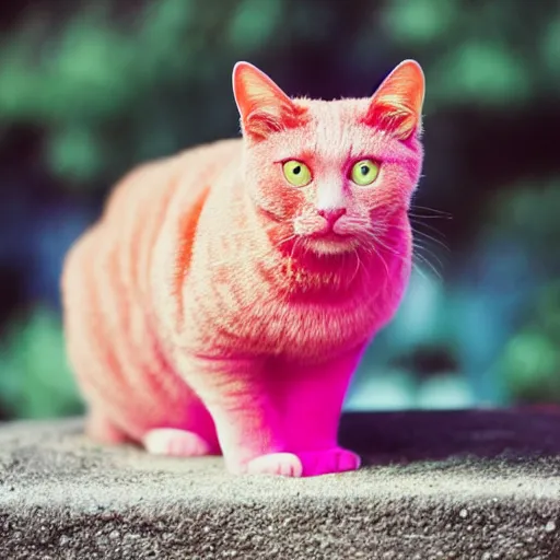 Image similar to photo of a pink cat with pink fur, eating a hamburger, biting a hamburger