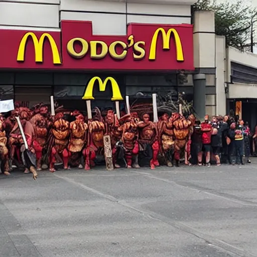 Image similar to orcs standing outside of a McDonald’s, protesting, the working conditions