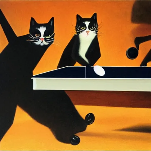 Image similar to a detailed picture of two cats playing ping - pong, orange background, oil painting, velazquez and magritte