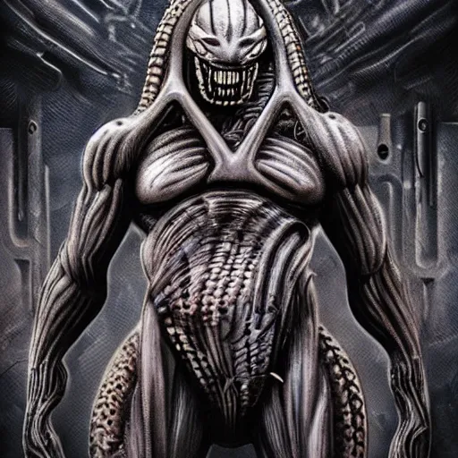 Image similar to Predator hr giger style, octane, 3d, horror, super details